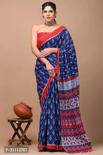 Elegant Blue Mulmul Cotton Printed Saree With Blouse Piece For Women-thumb0