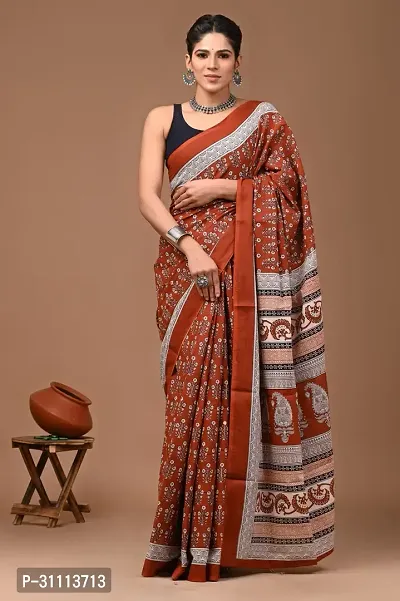 Elegant Brown Mulmul Cotton Printed Saree With Blouse Piece For Women-thumb0