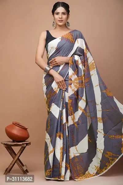 Elegant Grey Mulmul Cotton Printed Saree With Blouse Piece For Women-thumb0