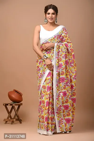 Elegant Multicoloured Mulmul Cotton Printed Saree With Blouse Piece For Women-thumb0