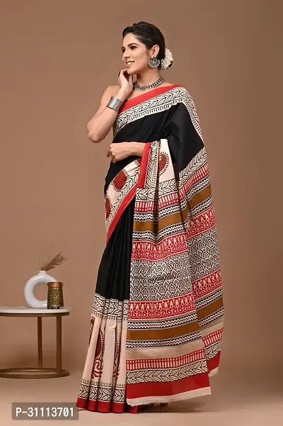 Elegant Black Mulmul Cotton Printed Saree With Blouse Piece For Women-thumb0