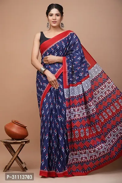 Elegant Blue Mulmul Cotton Printed Saree With Blouse Piece For Women