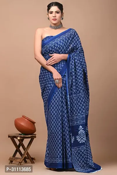 Elegant Blue Mulmul Cotton Printed Saree With Blouse Piece For Women-thumb0