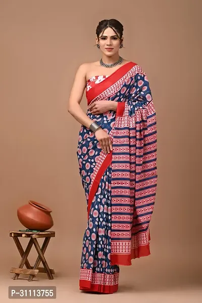 Elegant Blue Mulmul Cotton Printed Saree With Blouse Piece For Women