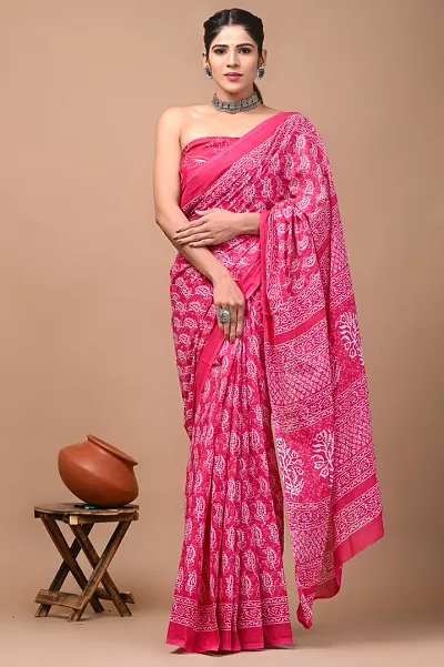 Trendy Printed Cotton Sarees With Blouse Piece