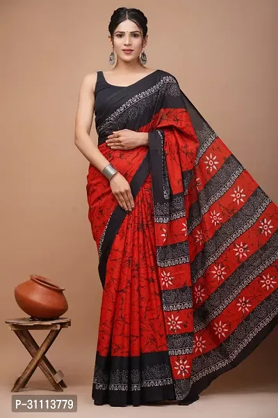 Elegant Red Mulmul Cotton Printed Saree With Blouse Piece For Women-thumb0