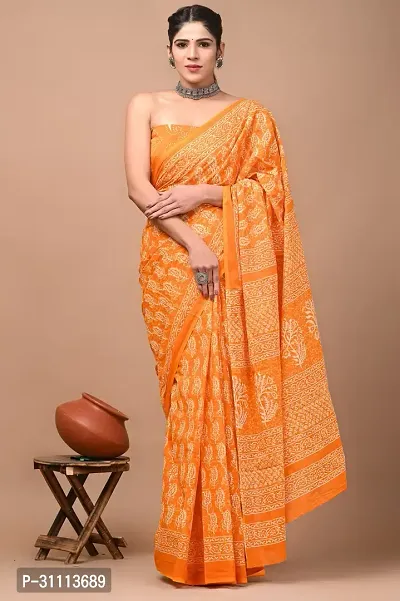 Elegant Orange Mulmul Cotton Printed Saree With Blouse Piece For Women-thumb0