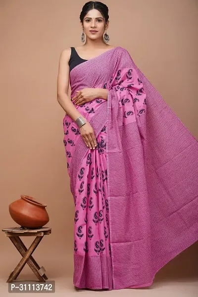 Elegant Pink Mulmul Cotton Printed Saree With Blouse Piece For Women-thumb0