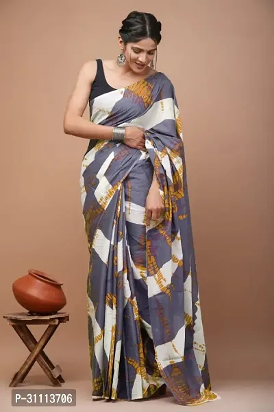 Elegant Grey Mulmul Cotton Printed Saree With Blouse Piece For Women-thumb0