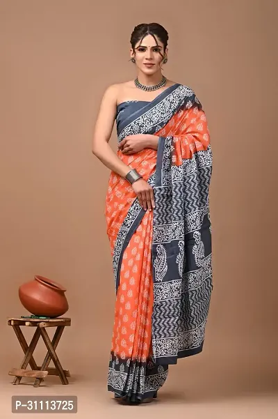 Elegant Orange Mulmul Cotton Printed Saree With Blouse Piece For Women