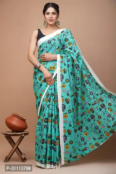 Elegant Green Mulmul Cotton Printed Saree With Blouse Piece For Women-thumb0