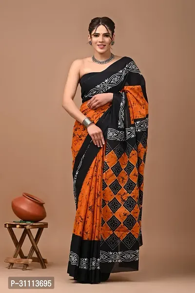 Elegant Orange Mulmul Cotton Printed Saree With Blouse Piece For Women