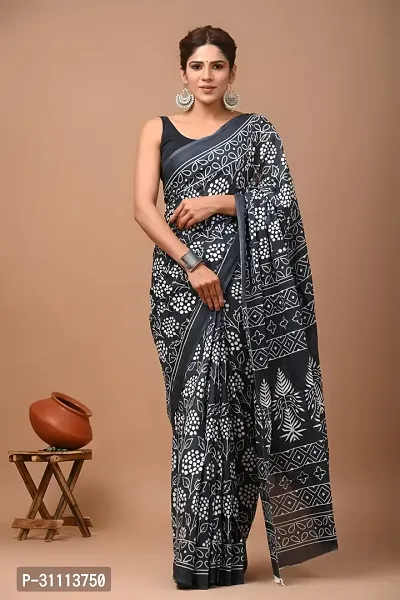 Elegant Black Mulmul Cotton Printed Saree With Blouse Piece For Women