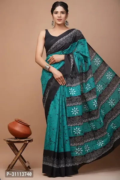 Elegant Green Mulmul Cotton Printed Saree With Blouse Piece For Women-thumb0