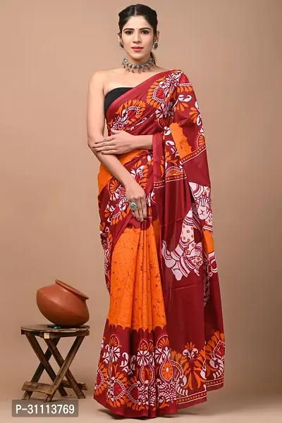 Elegant Orange Mulmul Cotton Printed Saree With Blouse Piece For Women