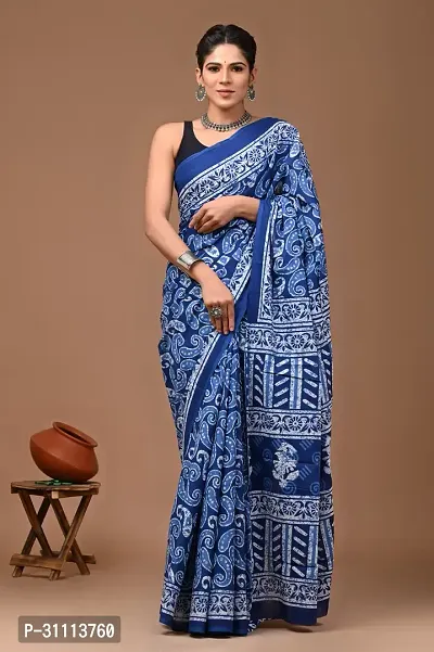 Elegant Blue Mulmul Cotton Printed Saree With Blouse Piece For Women-thumb0