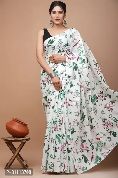 Elegant White Mulmul Cotton Printed Saree With Blouse Piece For Women-thumb0