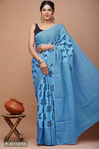 Elegant Blue Mulmul Cotton Printed Saree With Blouse Piece For Women