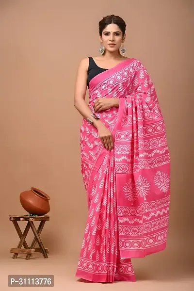 Elegant Pink Mulmul Cotton Printed Saree With Blouse Piece For Women-thumb0