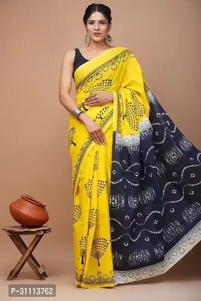 Elegant Yellow Mulmul Cotton Printed Saree With Blouse Piece For Women