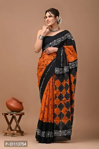 Elegant Orange Mulmul Cotton Printed Saree With Blouse Piece For Women-thumb0