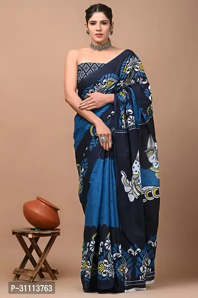 Elegant Blue Mulmul Cotton Printed Saree With Blouse Piece For Women-thumb0