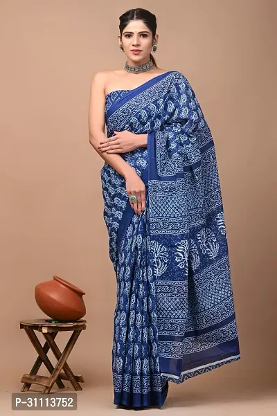 Elegant Blue Mulmul Cotton Printed Saree With Blouse Piece For Women-thumb0