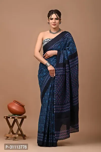 Elegant Blue Mulmul Cotton Printed Saree With Blouse Piece For Women