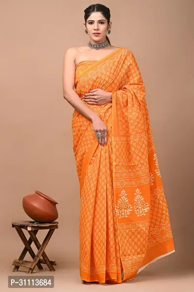 Elegant Orange Mulmul Cotton Printed Saree With Blouse Piece For Women-thumb0