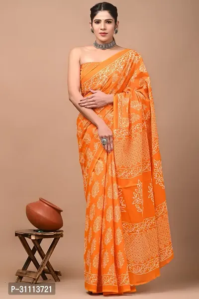 Elegant Orange Mulmul Cotton Printed Saree With Blouse Piece For Women-thumb0