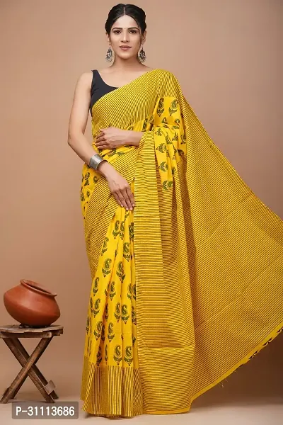 Elegant Yellow Mulmul Cotton Printed Saree With Blouse Piece For Women-thumb0