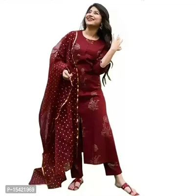 Women Rayon Round Neck Straight Maroon kurti pant With Dupatta Set-thumb0