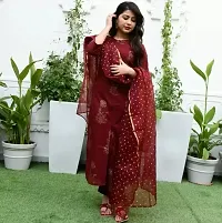 Women Rayon Round Neck Straight Maroon kurti pant With Dupatta Set-thumb1