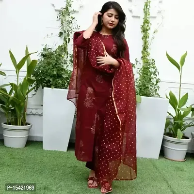 Women Rayon Round Neck Straight Maroon kurti pant With Dupatta Set-thumb2