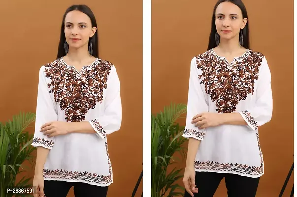 Pretty White Embroidered Linen Short Kurti For Women Pack Of 2-thumb0