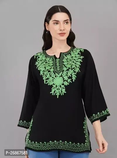 Pretty Black Embroidered Cotton Short Kurti For Women