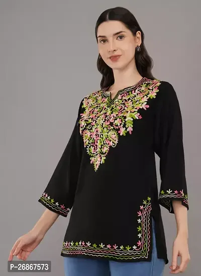 Pretty Black Embroidered Cotton Short Kurti For Women