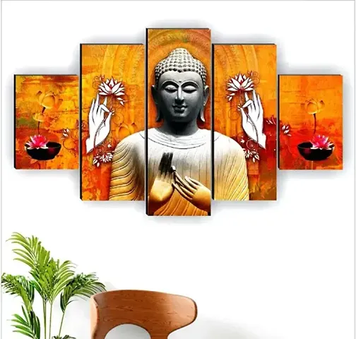 Set Of 5 Lord Buddha Wall Painting With Frame For Home Decoration  Living Room Office Hotel 76  45 CM  Multicolor  Theme Religious