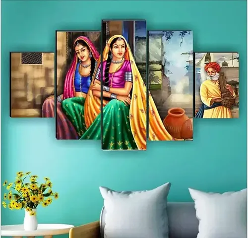 Set Of 5 Rajasthani Traditional Uv Textured Self adhesive Wall Painting For Living Room Home Decorative gift items 18 30