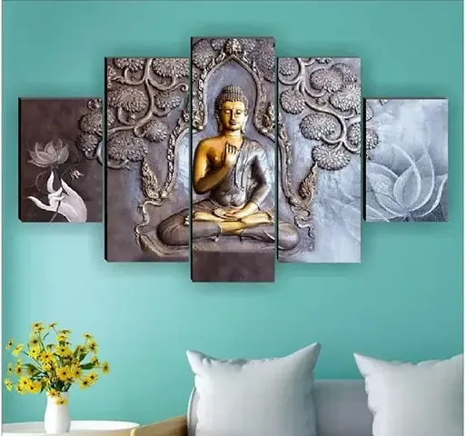 Set Of 5 Lord Buddha Wall Painting With Frame For Home Decoration  Living Room Office  Hotel 76  45 CM  Multicolor  Theme Religious