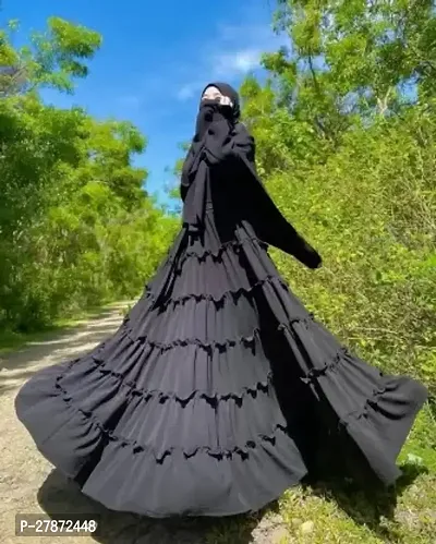 Burkha for ladies Frill Style Imported Firdous Fabric Abaya With Hijab. Cotton Blend Solid Abaya With Hijab  Black