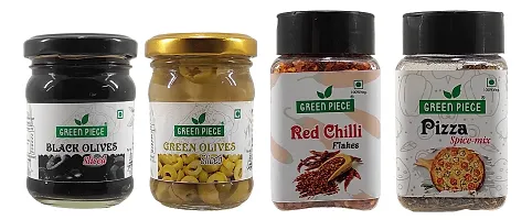 Green Spice  Black Olives (120gm),Green Olives (120gm),Red Chilli/Perprica (50g) and Pizza Spice mix (50g)(Pack of 4)