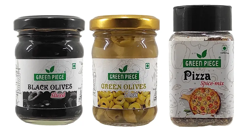 Green Spice  Black Olives (120gm),Green Olives (120gm), Pizza Spice Mix Seasoning(50g)(Pack of 3)