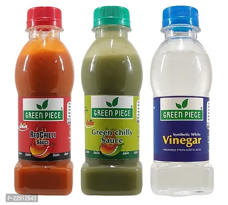 Green Spice  Jain Sauce Without Onion/garlic/Potato ,Green Chilli Sauce (200gm),Red Chilli Sauce (200gm) and vinegar (200gm) (Pack of 3)