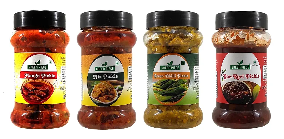 Green Spice  Gor-Keri Pickle,Green Chilli Pickle,Mix Pickle and Mango Pickle (250gm X 4) (Pack of 4)