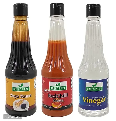 Green Spice  Jain Sauce WIth No Onion/Garlic Soya sauce  Red Chilli Sauce,Vinegar(Pack of 3)(500gm x 3)
