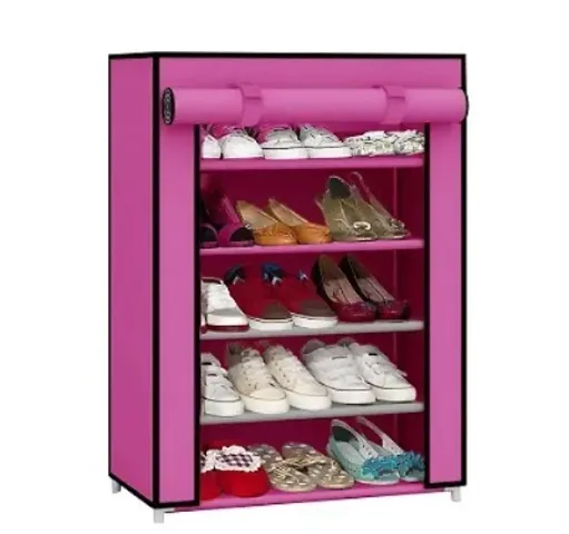 Multipurpose Portable Folding Shoes Rack/Shoes Shelf/Shoes Cabinet with Wardrobe Cover, Easy Installation Stand for Shoes (Pack of 1) (Plastic &amp; Non-Woven Fabric) (4 Layer Pink)