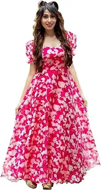 Stylish Georgette Pink Printed Short Sleeve Kurta Ethnic Gown For Women-thumb2