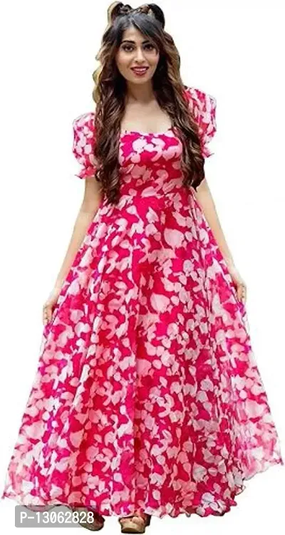 Stylish Georgette Pink Printed Short Sleeve Kurta Ethnic Gown For Women-thumb3