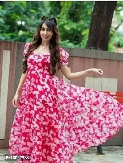 Stylish Georgette Pink Printed Short Sleeve Kurta Ethnic Gown For Women-thumb0